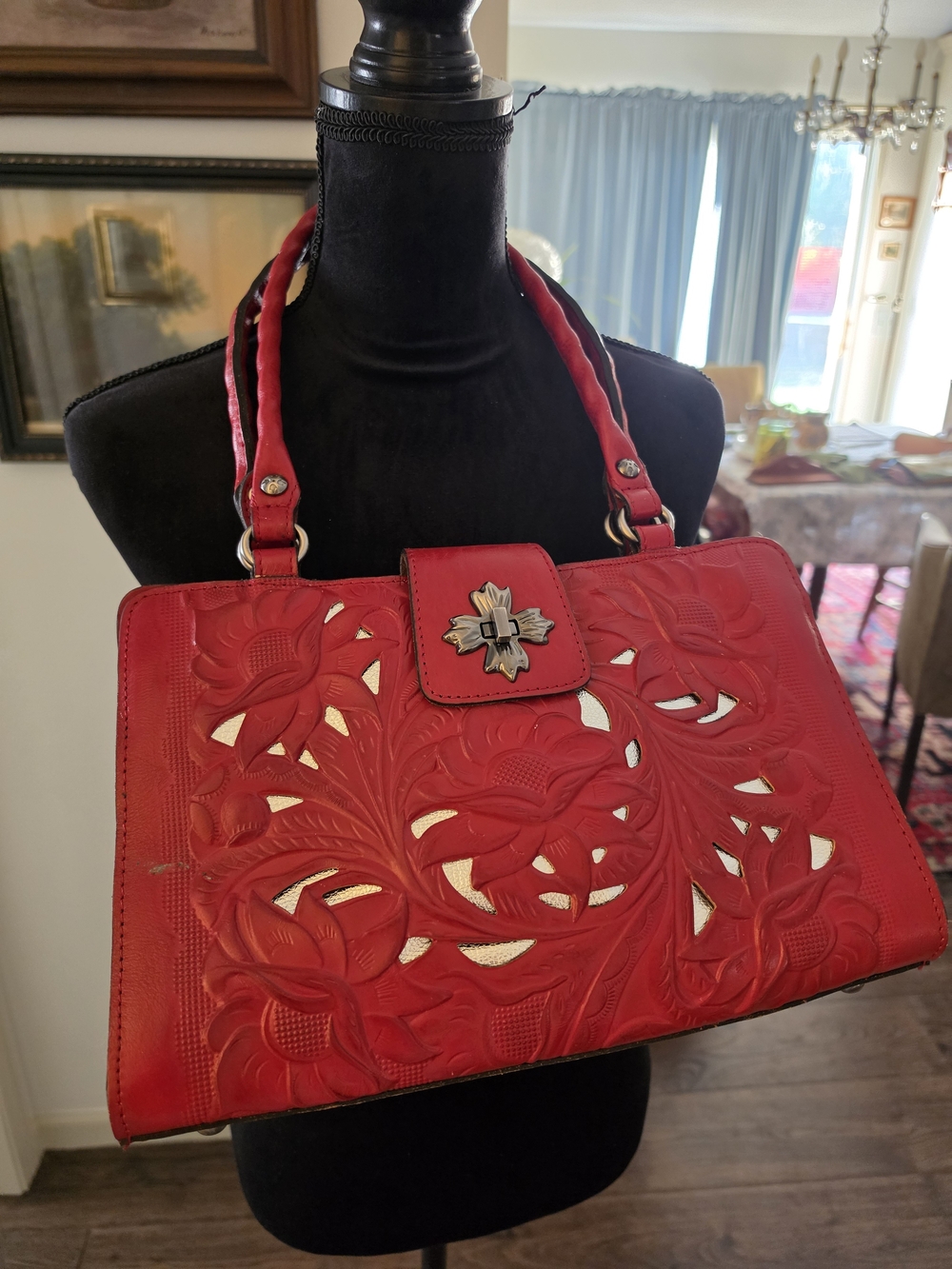 Patricia Nash Red Tooled Floral Leather Satchel "Rosina"